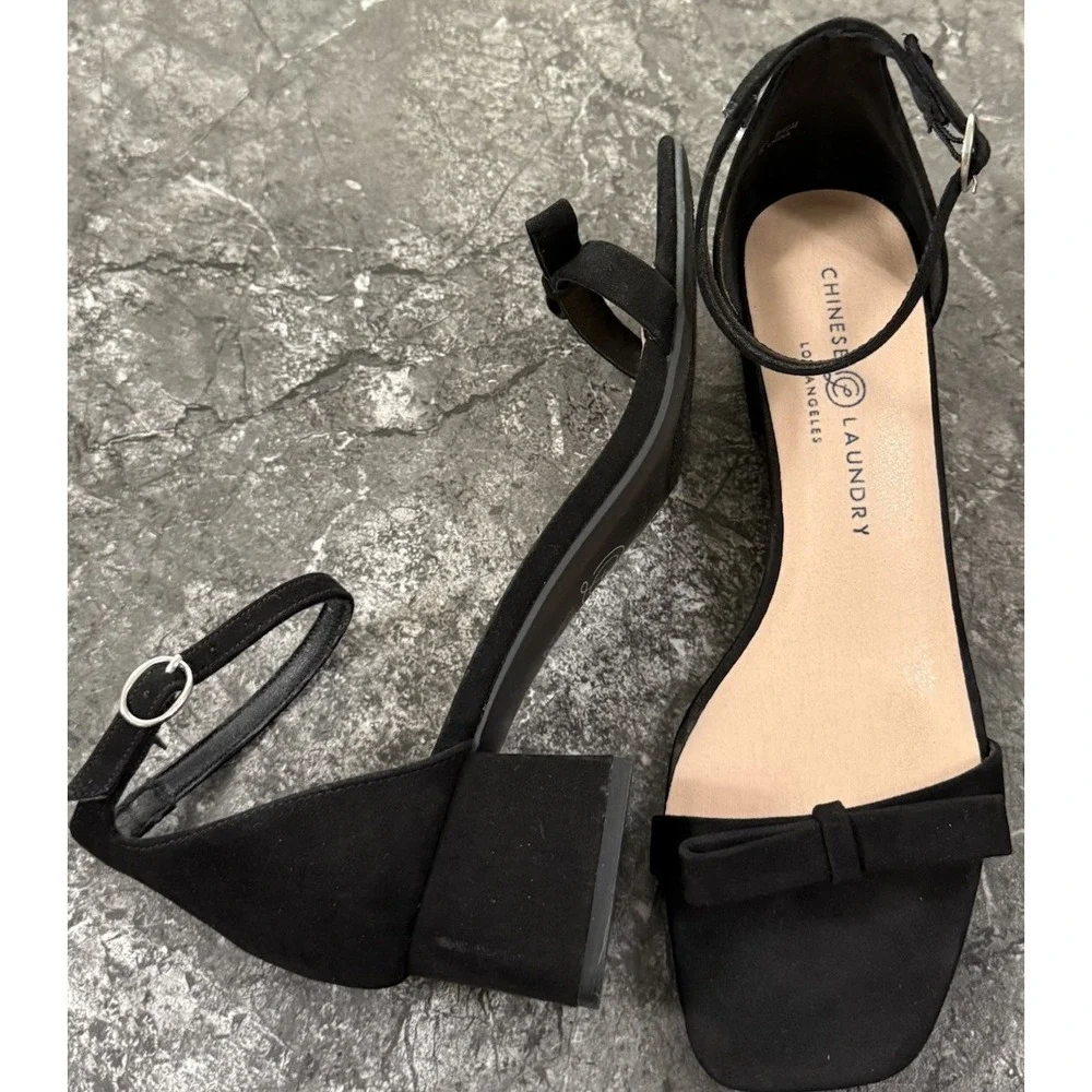 Chinese Laundry Bow Detail Open Toe Block Heel Sandals Faux Suede Black 9